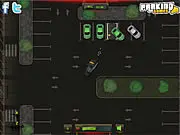Gameplay screenshot of Parking Rage, showing a heavily armed car driving through a parking lot and shooting a poorly parked vehicle, causing an explosion.