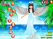 Play Angel Walking On The Beach free online game on PlayArcadeHub, featuring a beautiful angel with wings walking on a serene sandy beach at sunset.