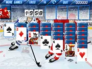 Hockey Solitaire free online card game screenshot featuring card stacks on a hockey rink themed tableau