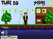High-speed arcade fishing game Bass Fish Hero Online where players catch kelp fish, bass, and catfish by typing key combinations quickly.