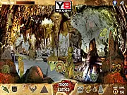 Play Hidden in the Cave free online game on PlayArcadeHub, showing a dark cave scene with several hidden objects highlighted for the player to find.