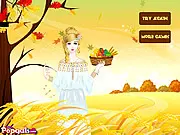 Free online dress up game Demeter Dress Up Online, featuring the Greek Goddess of the Harvest with a crown of corn and a fruit basket.