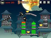 Ninja Cannon Shots game screenshot - a cannon aiming a ninja at gold coins on a shaky platform