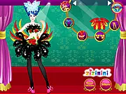 The Beautiful Carnival Girl wearing a brightly colored, feathered costume and mask in a free dress-up game