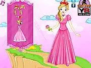 A smiling princess doll wearing a bright pink trendy dress and elegant accessories, ready for a makeover in the Princess In Pink Dress Up game
