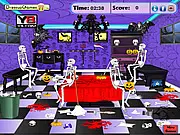 Halloween Cleanup free online game screenshot showing a messy, spooky room with scattered candy and decorations