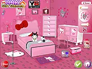Free online Hello Kitty bedroom decorating game on PlayArcadeHub, showing a pink room with a Hello Kitty shaped bed.