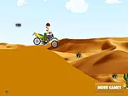 Ben 10 riding his dirt bike in the Ben 10 Moto Trip online game, performing a jump over obstacles