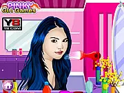 Selena Gomez Hair Salon free online game screenshot, showing Selena Gomez getting her hair styled in a makeover game.