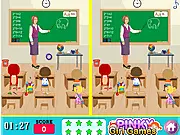 Class Room Spot The Difference online game, showing two nearly identical images of a classroom with circles marking the differences.