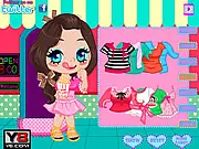 Screenshot from Girl Loves Snacks Dress Up showing a stylish girl with different clothes, hair, and a tray full of tempting snacks and treats