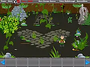 The game screen for Fairytale Strange Escape showing a character standing inside a mysterious, adventurous cave with various objects scattered around.