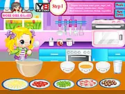 Cooking Delicious Pizza game screenshot showing ingredients like dough, tomato sauce, and toppings, free online cooking game