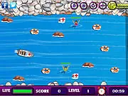 Rescue Force free online game, boat rescuing drowning people in the ocean, avoiding obstacles in a fast-paced rescue game, Savior speeding to the spot
