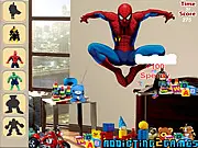 Superheroes Hidden Object free online game screenshot showing a cluttered room with hidden hero figurines