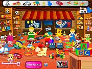 Free online Toy House Hidden Object game screen on PlayArcadeHub, showing a colorful room full of toys to be found.