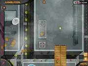 Screenshot of a vehicle driving on a narrow ramp high between two skyscrapers in a city landscape