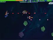 Transformers Space War game screenshot showing Optimus Prime fighting space monsters and destroying a planet, free online shooter game