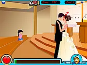 The Hiding the Bride Kiss game screen showing a young bride and groom attempting to kiss secretly while avoiding the eyes of the wedding guests.