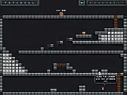 Screenshot of miniQuest: Trials online game showing a small pixel-art character jumping across treacherous platforms in a 2D room