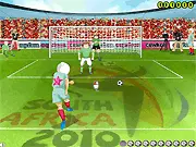 Screenshot of Penalty Kicks online game showing a football player about to kick a ball towards the goal with the goalkeeper ready to dive