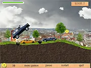 Screenshot of Rainy Taxi Driver online game showing a side-view of a London taxi driving at high speed over a hilly, obstacle-filled road