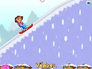 Dora Ski Jump online game screenshot, showing Dora skiing down a snowy mountain and jumping over a small obstacle, play free online adventure game on PlayArcadeHub