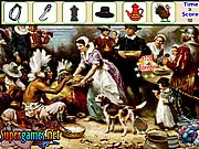 Thanksgiving Hidden Object game scene showing festive holiday items like turkey and pumpkins, free online puzzle