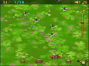 The game screen for Lady Battle, showing a red ladybug character flying through a level full of green and black enemy bugs and their projectiles.