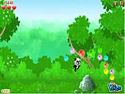 Run Panda Run endless runner game screenshot showing the panda character jumping over an obstacle in a forest setting while collecting gems. Play free online.