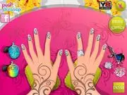 Screenshot of Bling Bling Manicure game showing a set of fingernails heavily decorated with colorful nail polish, patterns, and glittering diamond accessories
