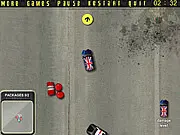 Top-down view of the Package Thief game showing a getaway car speeding away from multiple pursuing police patrol cars at an aerodrome