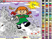 The line-art image for coloring in the game 'A Walk on Flowers' showing a girl surrounded by spring flowers.