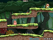 Gameplay screenshot of Piggy Wars showing two small cartoon pig brothers navigating a forest level with wooden platforms and possibly a wolf enemy, free online adventure game