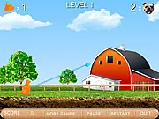 Flying Attack Cat game screenshot showing a cat being launched through the air toward a farm, play free physics puzzle online on PlayArcadeHub