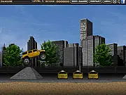 Gameplay screenshot of a large red 4x4 monster truck driving over a pile of crushed cars and large rocks, off-road racing game online