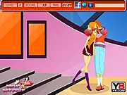 Lovely Stella Kissing online game screenshot, showing Stella and a boy trying to kiss without being caught by others, play free online game on PlayArcadeHub