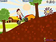Gameplay screenshot of Farm Biker showing a cartoon chicken riding a small motorcycle on a green hilly farm track, collecting yellow stars, free online bike game