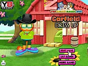 Gameplay screenshot of Garfield Dressup showing the cartoon cat wearing an amusing combination of clothes and accessories, free online dress-up game