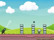 Gameplay screenshot of the Monster Destroyer free online game, showing the hero character firing a weapon at multiple colorful enemy monsters.