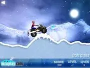 Gameplay screenshot from Spiderman Snow Scooter showing Spiderman on a red snow scooter driving over a steep, bumpy, snow-covered hill in a free online game