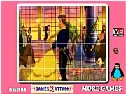 Free online Princess Belle Spin Puzzle game screen on PlayArcadeHub, showing a scrambled image of Princess Belle that needs to be rotated and solved.