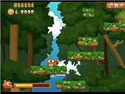 Screenshot of Raccoon Jumping showing a cartoon raccoon hopping between small, staggered wooden platforms high up in a jungle environment, representing the tower climb gameplay