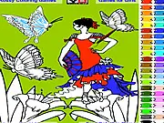 Coloring page screenshot from Dancer Pictures featuring a dancing girl with long hair and several butterflies waiting to be colored in a free online game