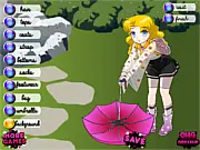 Rainy School Day Dressup game screen showing Rachel dressed in a stylish raincoat, boots, and holding an umbrella