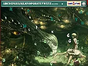 Free online Dragon Hidden Alphabets game screen on PlayArcadeHub, showing a detailed illustration of a dragon with letters concealed inside it.