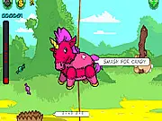 Gameplay screenshot from Pinata Hunter 2 showing a character using a large weapon to hit a colorful piñata as candy and coins fly out