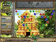 Screenshot of Ancient Jewels: Lion Temple match 3 game board with colorful gems, special bonuses, and ancient temple background