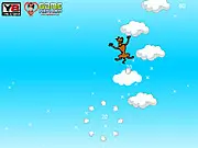 Screenshot of Scooby Doo Jumping Clouds showing the character Scooby Doo mid-jump between two cartoon-style cloud platforms in a vertical-scrolling, high-score arcade game