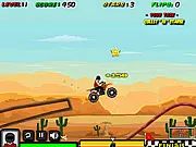 Gameplay screenshot from Stunt Maniac showing a dirt bike rider in mid-air performing a stunt over a massive, rough terrain jump, with stars floating below in a 2D side-scrolling style